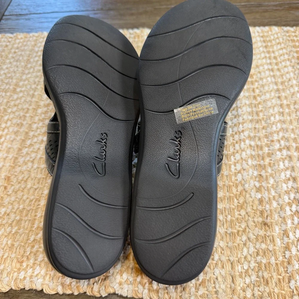 Clarks Bendables Black Leather Slide Sandals Womens 9M Comfort Perforated